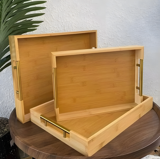 Set de 3 Plateaux de Service en Bambou 'Élégance' - Poignées Dorées