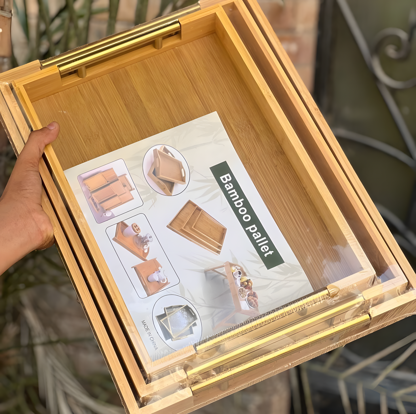 Set de 3 Plateaux de Service en Bambou 'Élégance' - Poignées Dorées