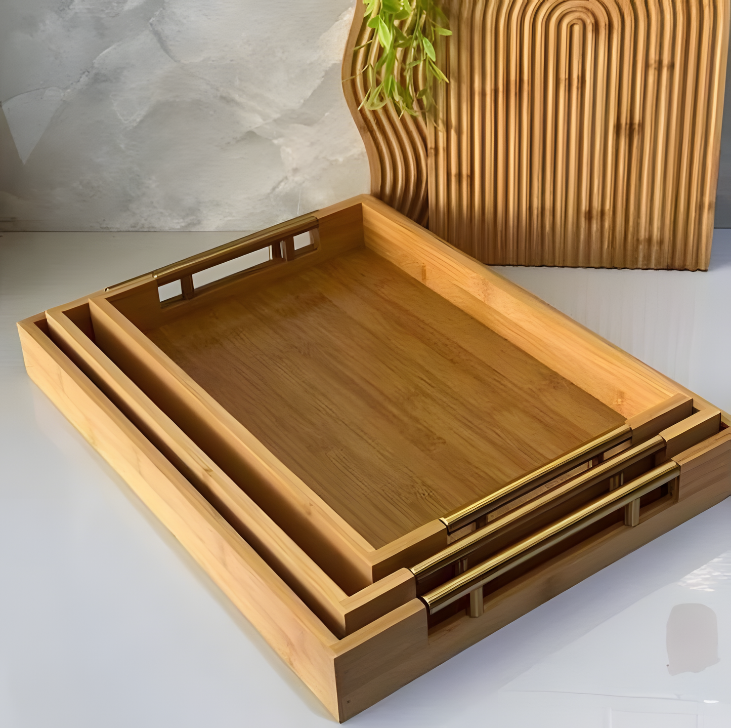 Set de 3 Plateaux de Service en Bambou 'Élégance' - Poignées Dorées